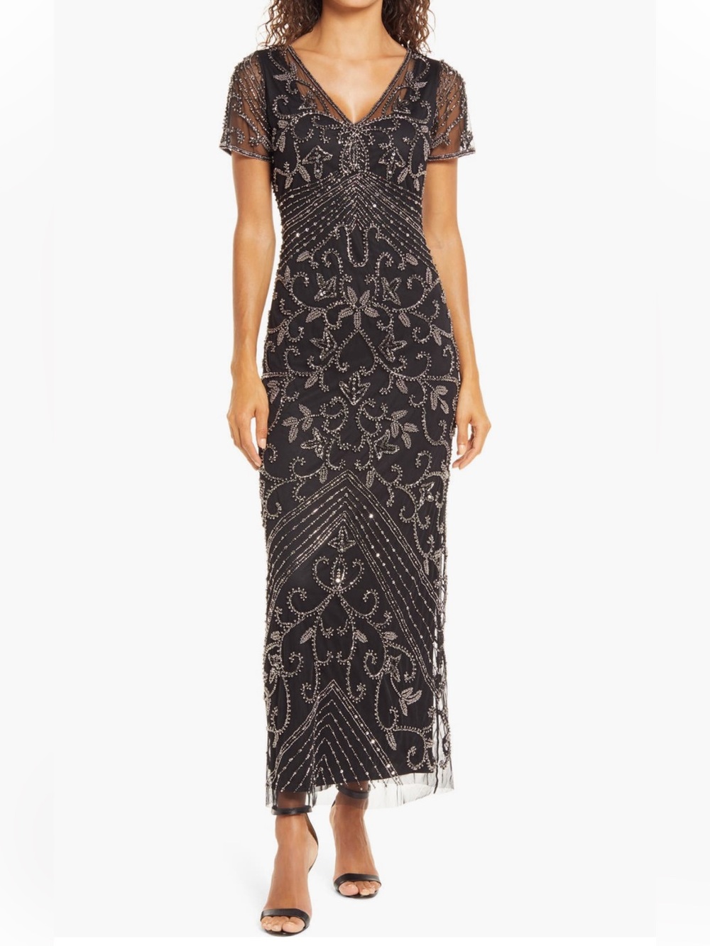 Pisarro nights Beaded Mesh
Column Gown Nwot